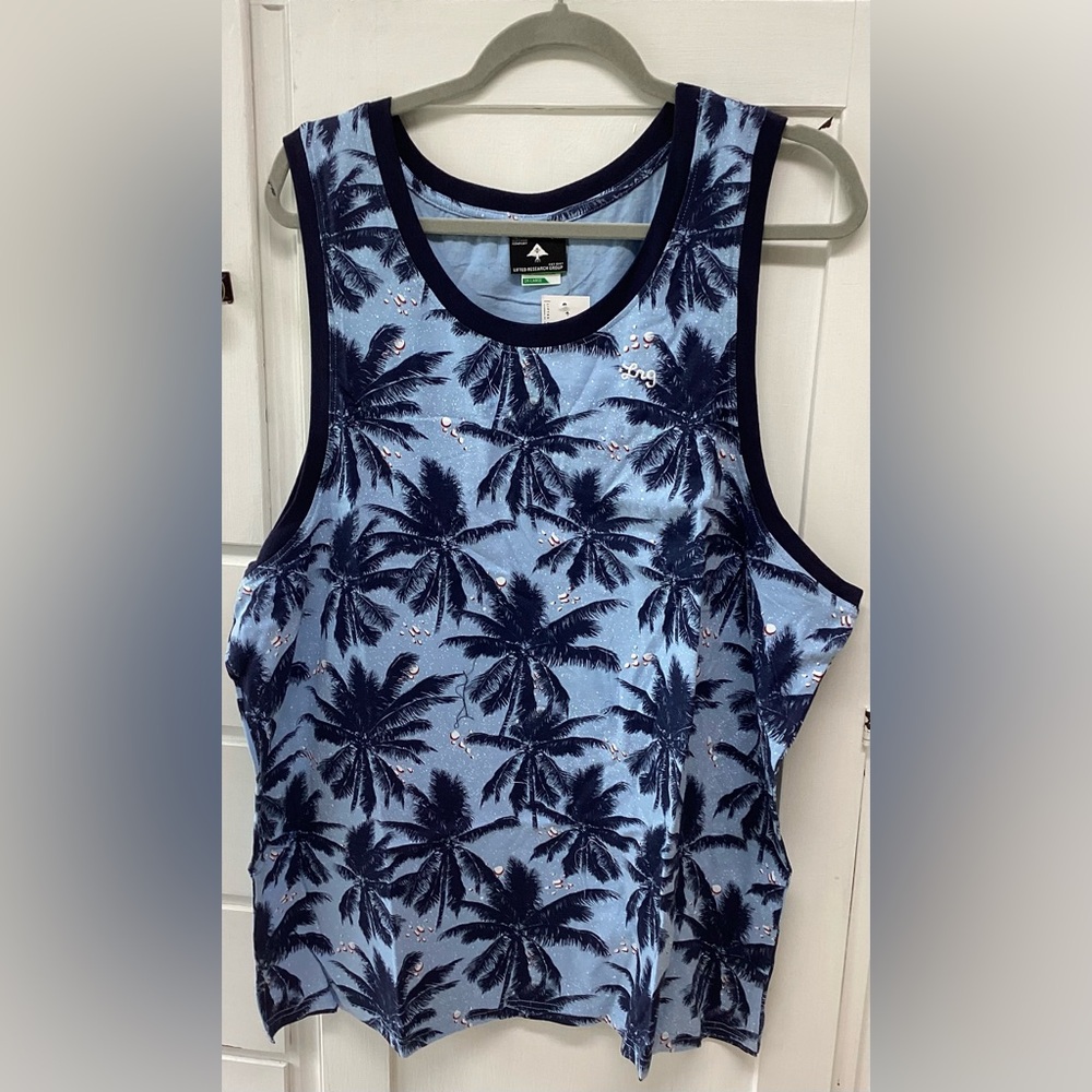 Lrg Light Blue Palm-Print Tank with Navy Trim